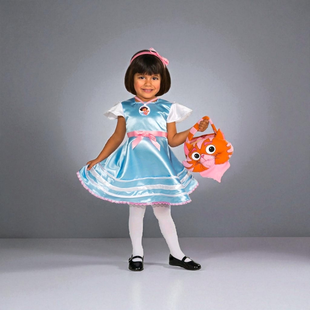 Kids Dora in Wonderland Blue and White Costume with Pink Accents, Small
